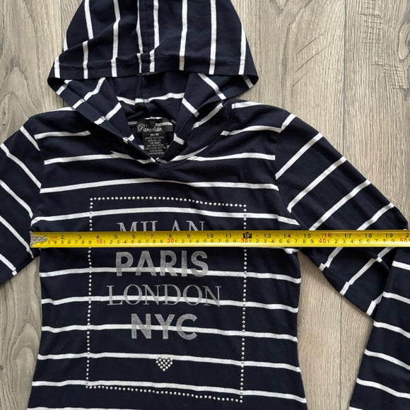 Striped Long Sleeve Hoodie with City Print Size M Blue White Y2K Casual Beaded - Picture 5 of 6